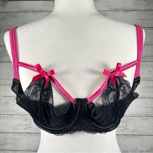 Cacique Quarter Balconette Peek A Boo Cup Lace Underwire Black Bra 36D